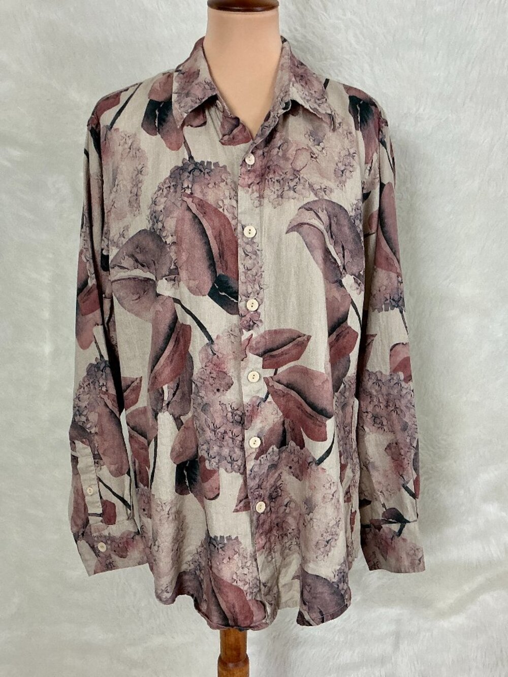 Flax Mauve Purple Tan Relaxed Linen Hydrangea Floral Button Front Shirt S